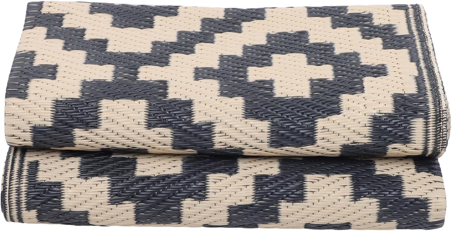 Black Beige Outdoor Carpet, Large Camping Mat, Reversible Plastic Woven Lawn Mats Suitable for Patios, Decks, Benches, Picnics, and Other Outside Spaces